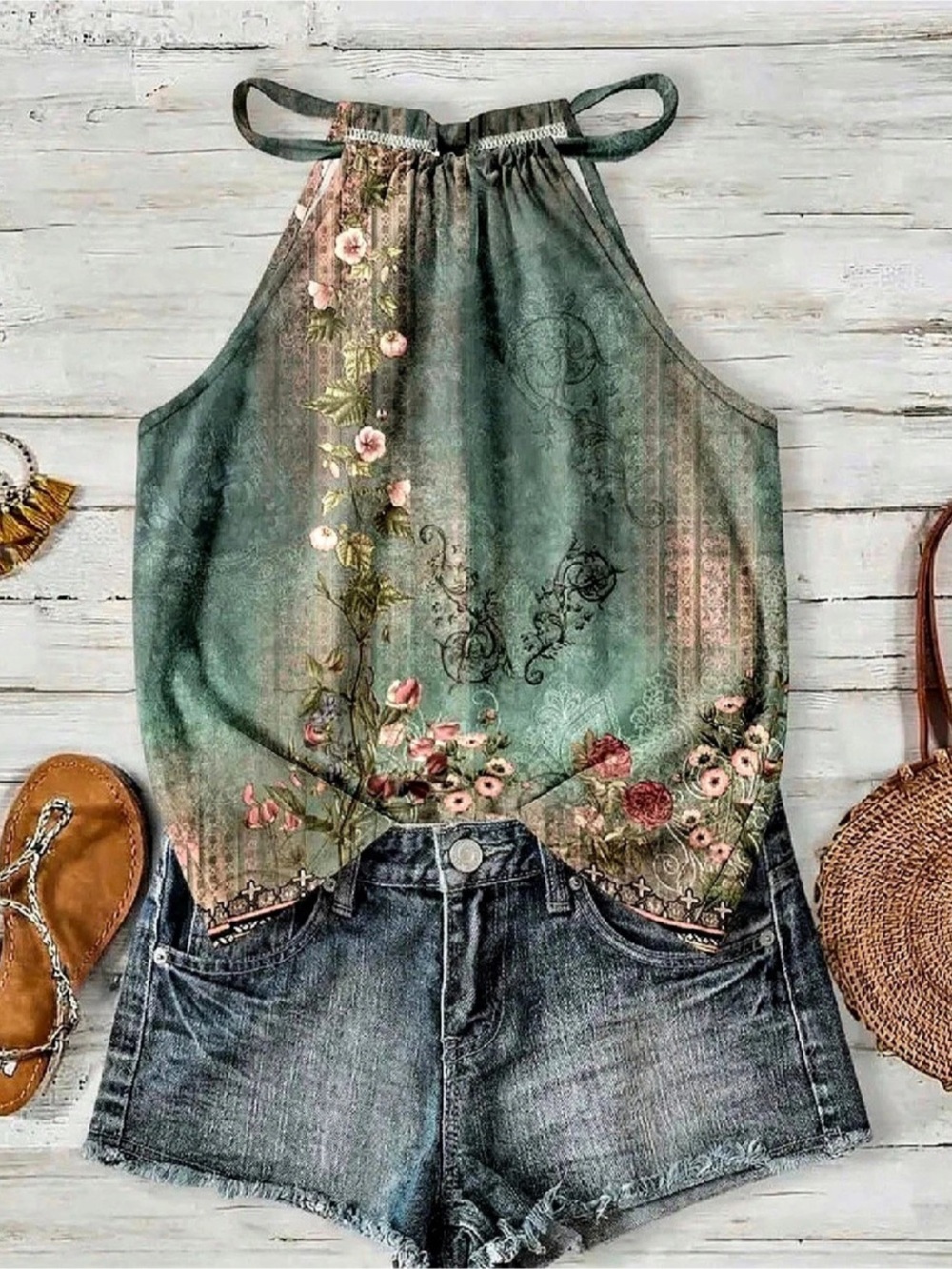 Floral Halter Green Top New